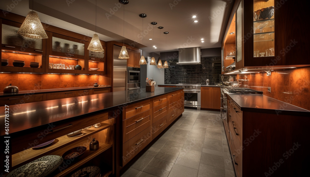 Modern luxury kitchen design with elegant wood and stainless steel materials generated by AI