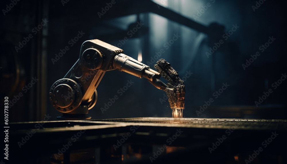 Robotic arm in futuristic factory automates metal production line generated by AI