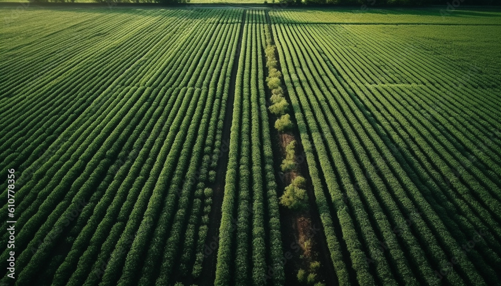 Green rows of wheat in a rural agricultural field landscape generated by AI