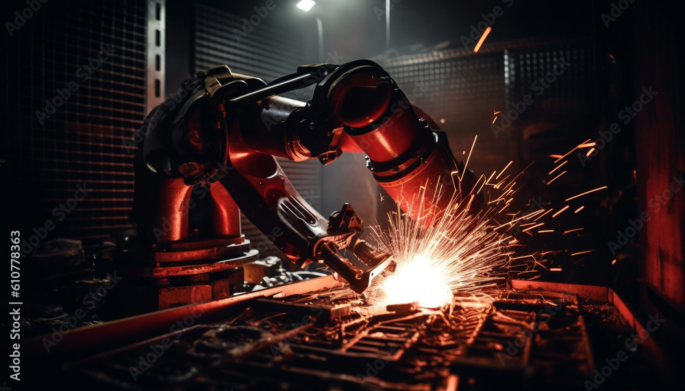 Metal workers use welding torches to repair machinery in factories generated by AI