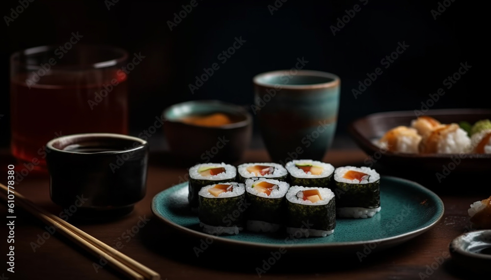 Fresh seafood meal with maki sushi and nigiri on plate generated by AI