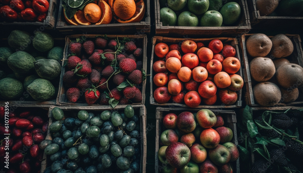 Fresh organic fruits and vegetables in a large colorful basket generated by AI