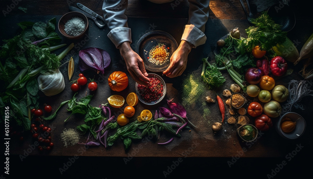 Healthy vegetarian meal with fresh organic vegetables on rustic table generated by AI