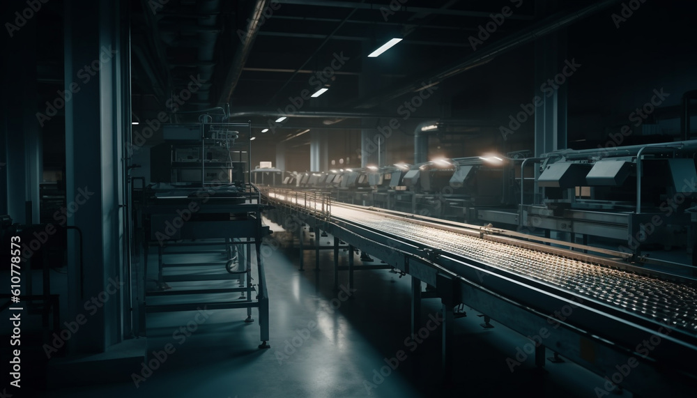 Modern transportation industry illuminates underground steel workshop with futuristic equipment gene