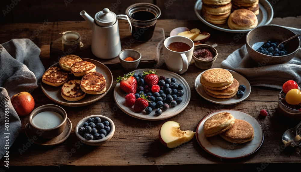 Blueberry pancake dessert on wooden table with raspberry and strawberry generated by AI