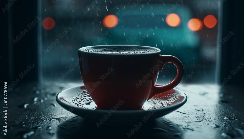 Dark coffee cup on table, close up of frothy latte generated by AI