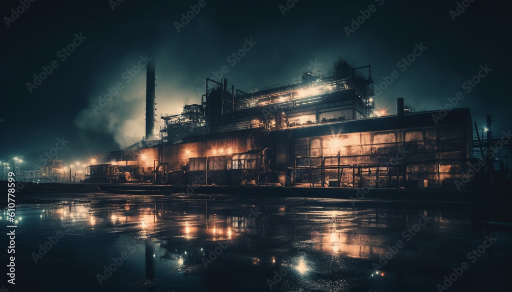 Industrial nightfall Pollution, smoke, and steel illuminate the environment generated by AI