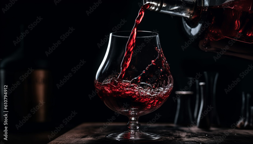 Luxury whiskey pouring into elegant wineglass on wooden table generated by AI