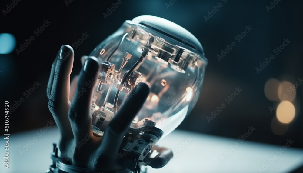 Scientist holding glass bottle, conducting experiment in dark laboratory generated by AI