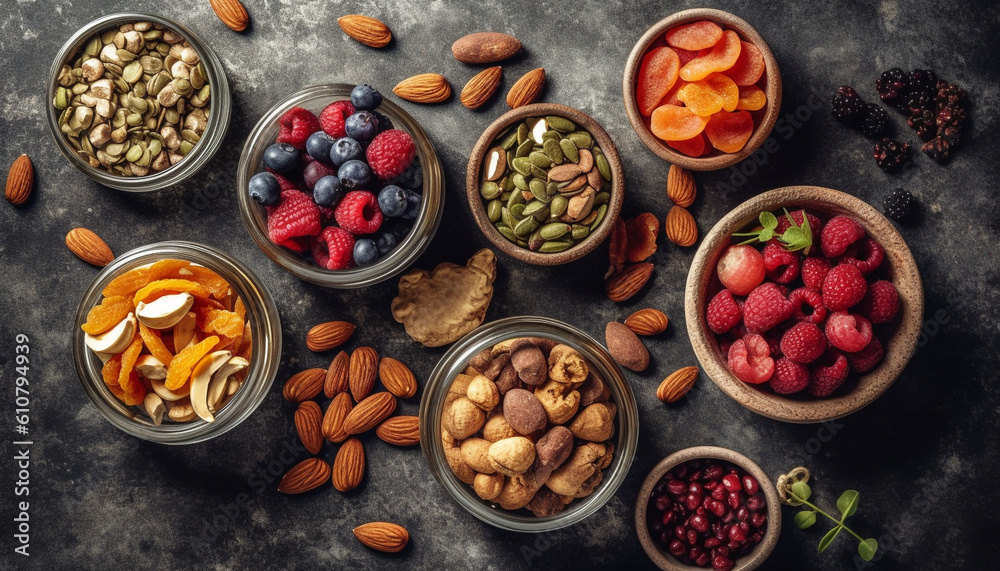 Organic fruit bowl with almond granola, raspberry and blueberry variation generated by AI