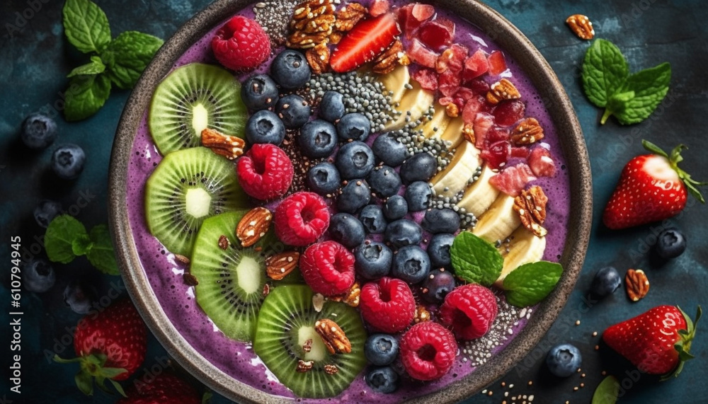 Fresh berry bowl with yogurt, granola, and mint leaf indulgence generated by AI