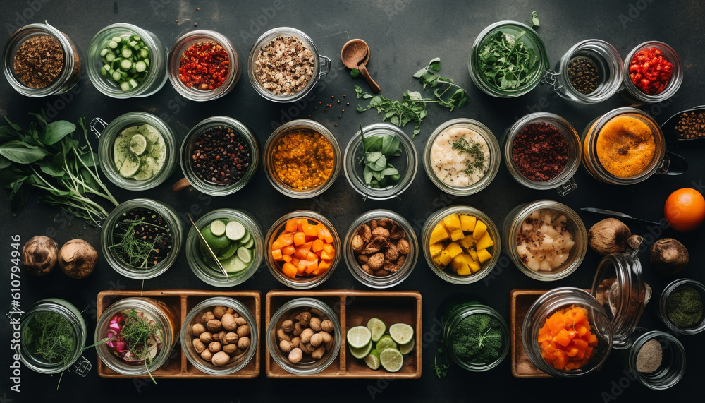 Healthy vegetarian bowl with fresh organic vegetables and variety of herbs generated by AI