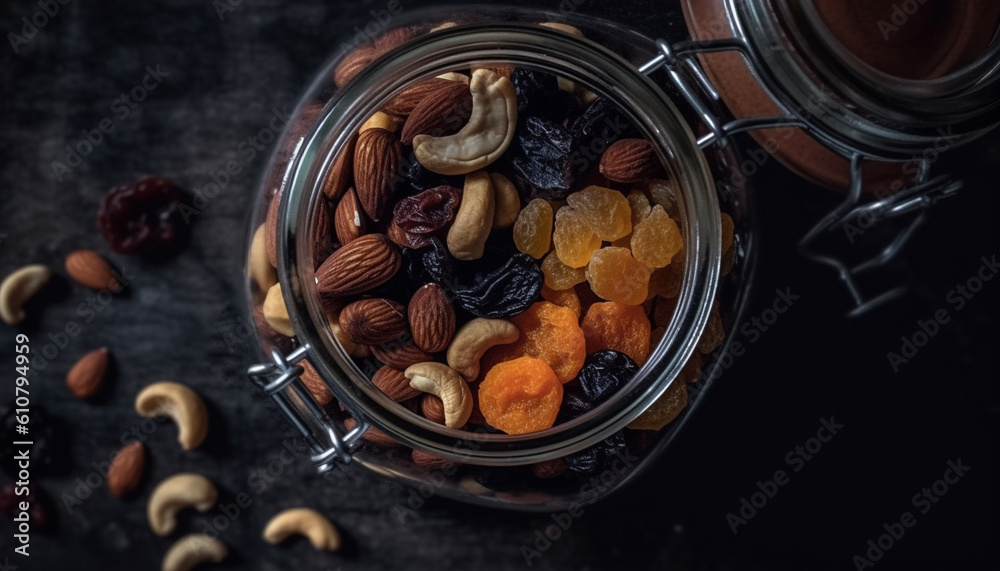 Healthy eating a variety of organic dried fruit and nuts generated by AI