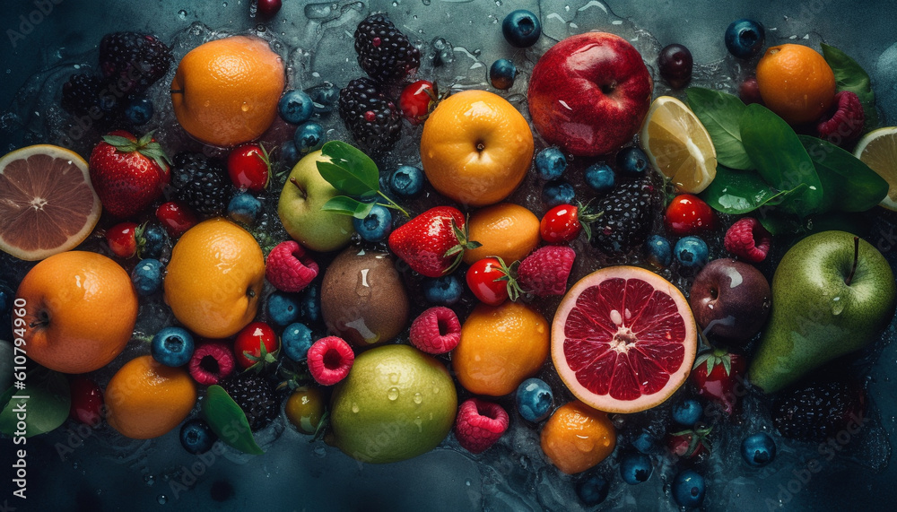 Vibrant citrus fruits in multi colored background, perfect for healthy eating generated by AI