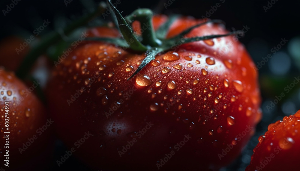 Juicy tomato drop on wet leaf, nature vibrant refreshment generated by AI