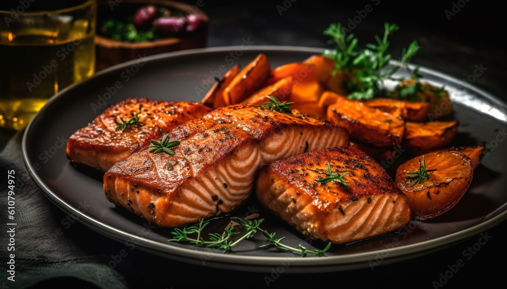 Grilled fillet and vegetables on rustic plate, ready to eat gourmet meal generated by AI