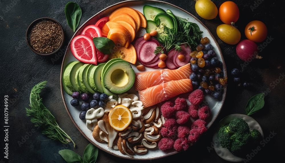 Fresh salad with organic vegetables, avocado, and seafood fillet generated by AI