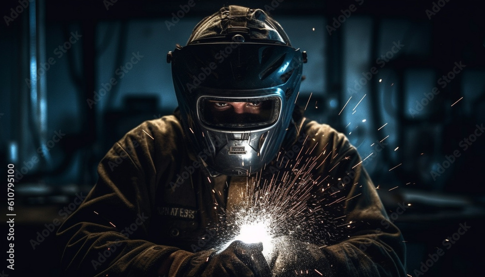 Metal worker in protective gear welding in factory workshop generated by AI