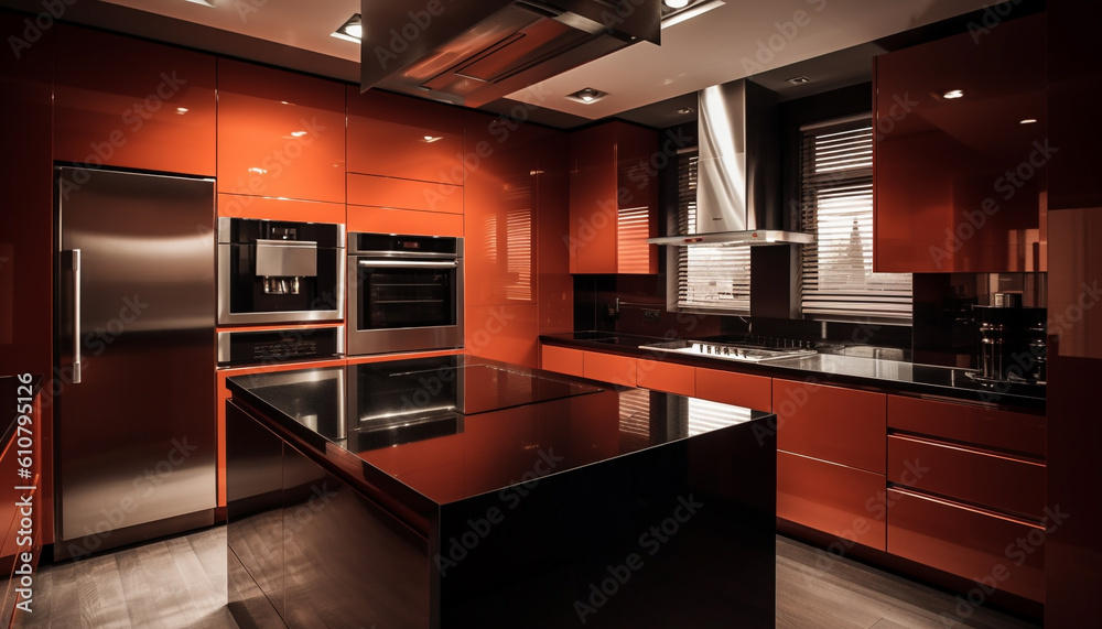 Modern kitchen design with stainless steel appliances, marble countertops, and bright lighting gener