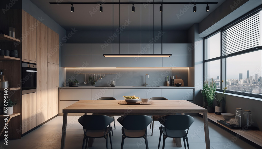 Modern domestic kitchen design with elegant wood material and bright lighting generated by AI