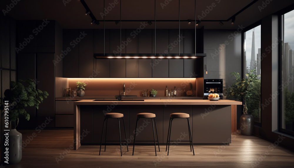 Modern domestic kitchen design with elegant wood table and lighting generated by AI