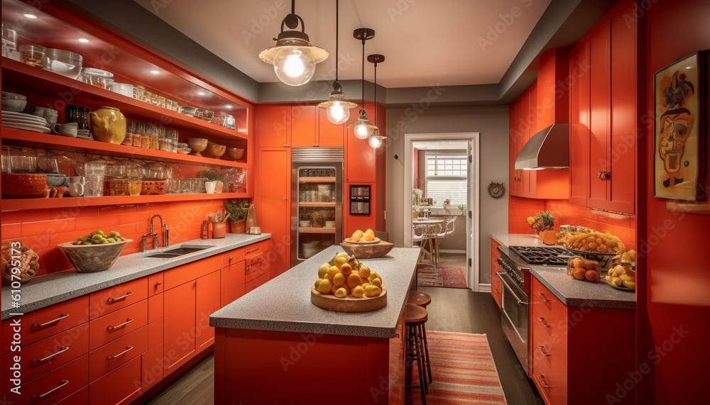 Modern domestic kitchen design with wood cabinet, stainless steel appliances, and fresh fruit genera