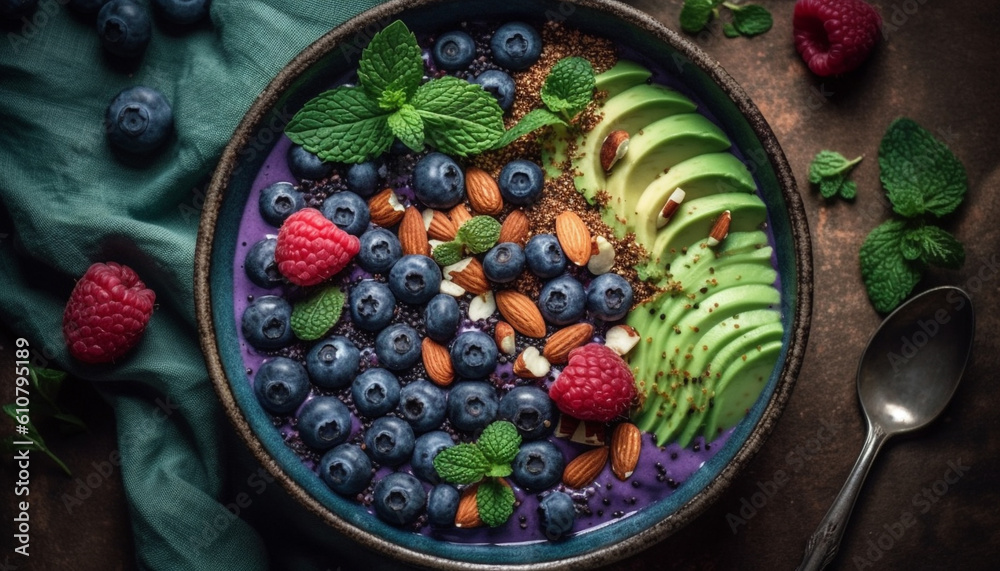 Fresh berry bowl with granola and mint leaf garnish indulgence generated by AI