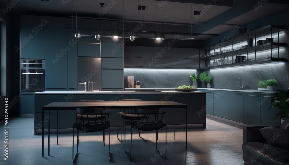 Modern kitchen design with luxury appliances and bright lighting equipment generated by AI