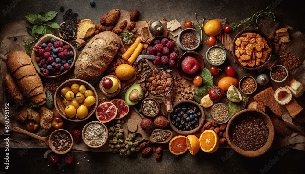 Healthy bowl of organic vegetarian meal with fresh fruit variety generated by AI