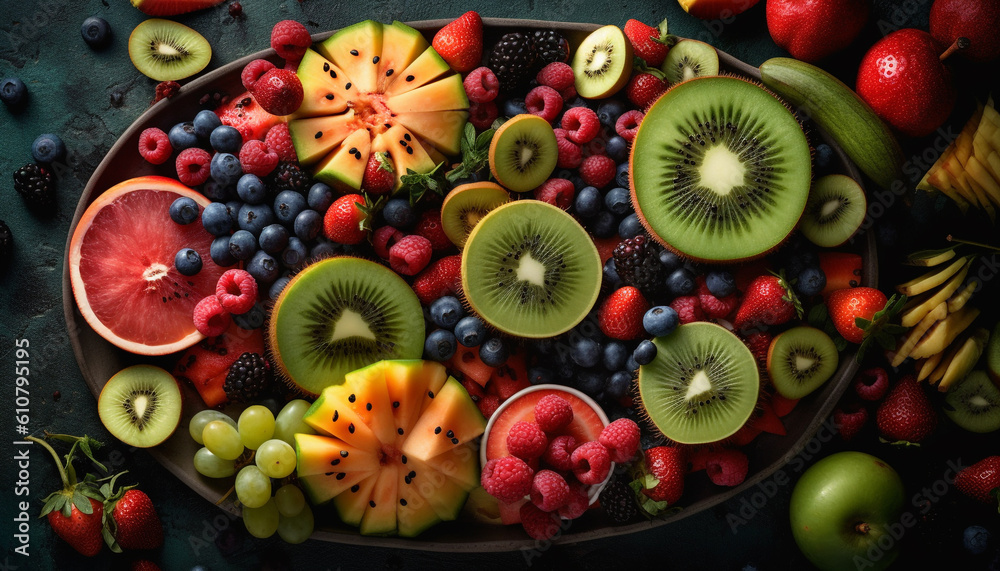 Vibrant colored fruit salad with healthy organic variations and freshness generated by AI