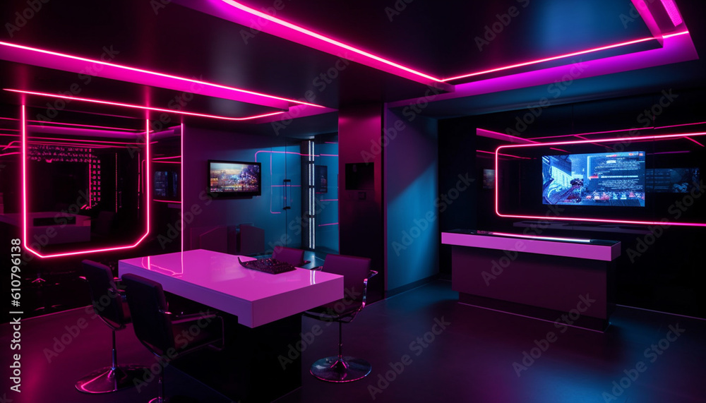 Futuristic office design with modern technology and bright lighting equipment generated by AI