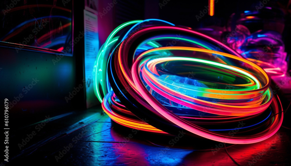 Vibrant colors and futuristic shapes create abstract light painting backdrop generated by AI