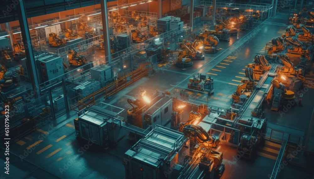 Modern metal factory with automated production line and heavy machinery generated by AI