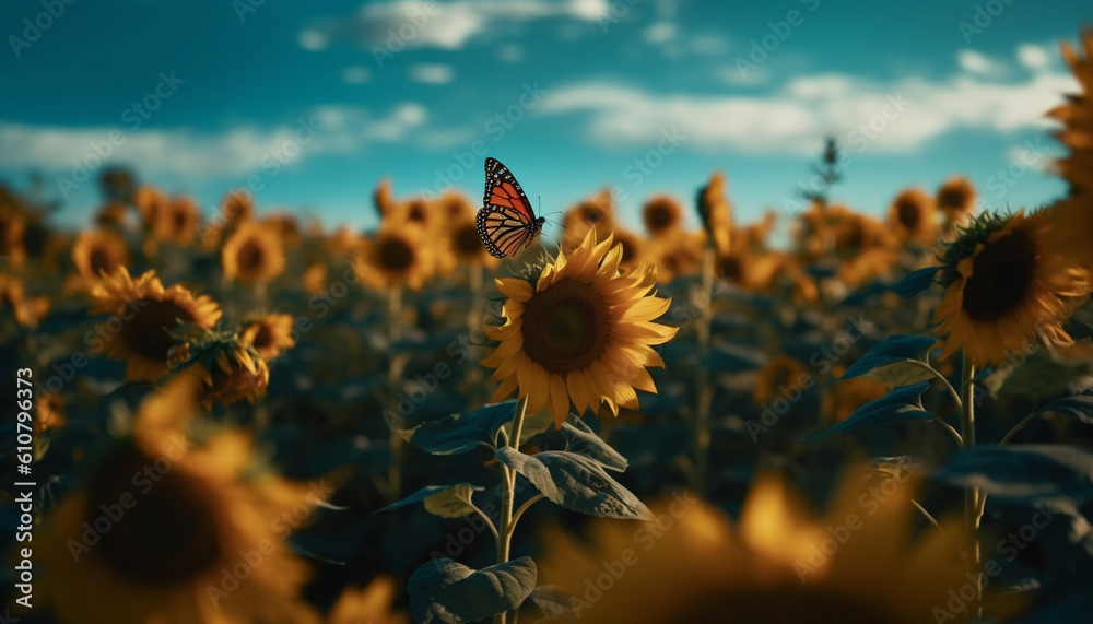 Vibrant sunflower blossom in tranquil rural meadow with buzzing bee generated by AI