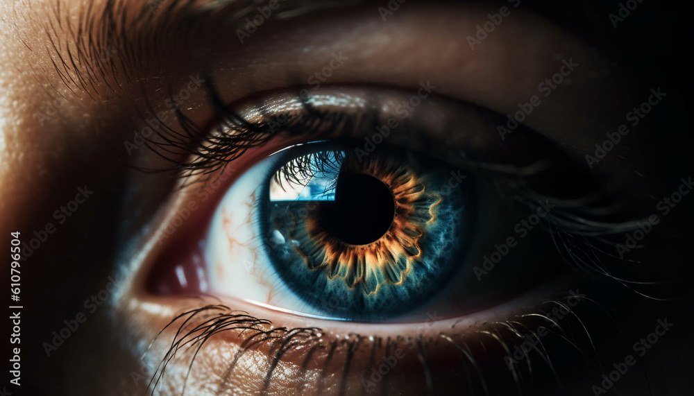 Close up of young woman blue eyes with selective focus generated by AI