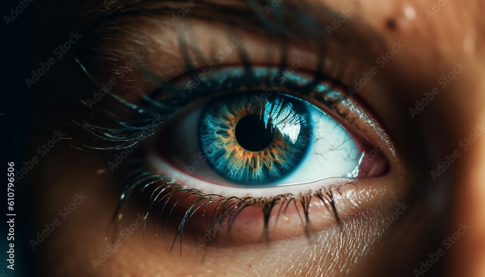 Young adult female staring at camera with green eyes and eyelashes generated by AI