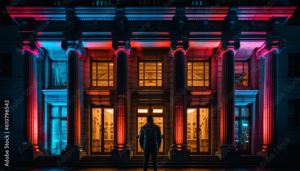 Silhouetted businessman walking city streets, illuminated by modern architecture generated by AI