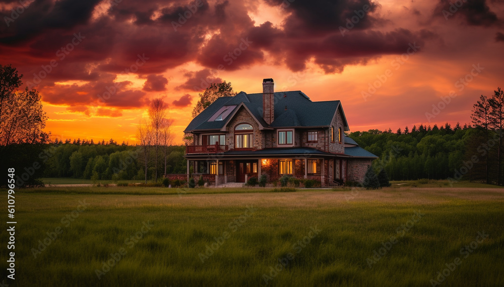 Tranquil dusk settles over rural landscape, meadow and forest generated by AI