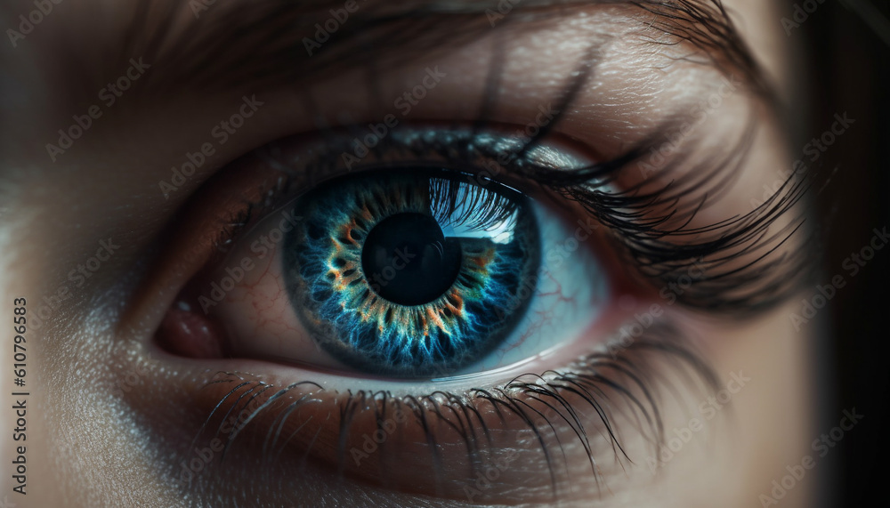 Blue eyed woman staring, close up of iris, beauty in macro generated by AI