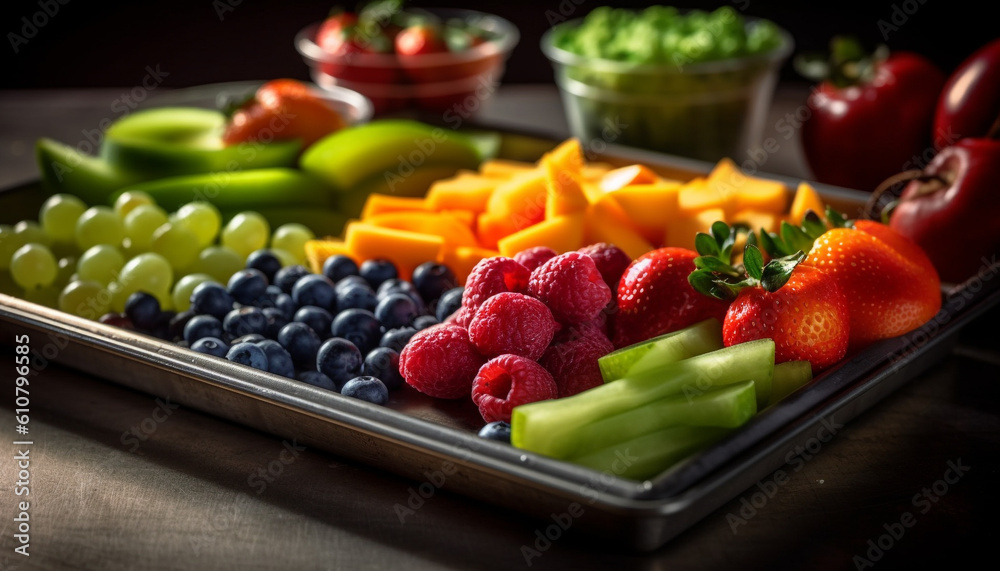 Healthy summer lunch vegetarian salad with fresh berries and melon generated by AI