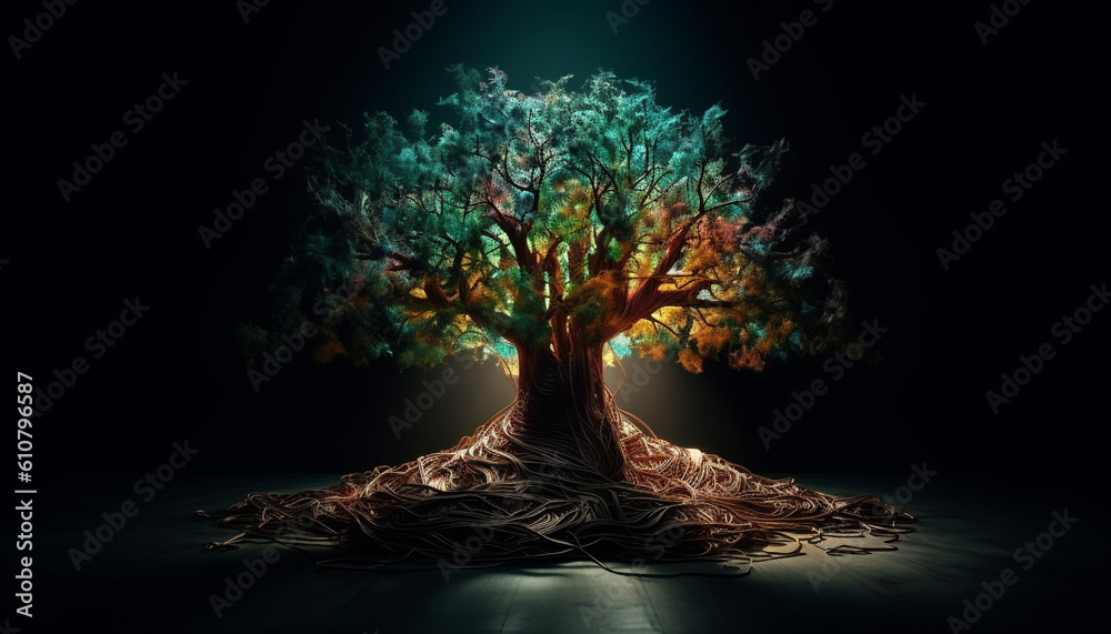 Abstract glowing tree trunk symbolizes futuristic growth in nature environment generated by AI