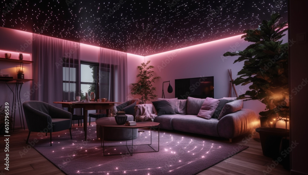 Modern apartment with elegant decor, bright lighting, and cozy relaxation generated by AI