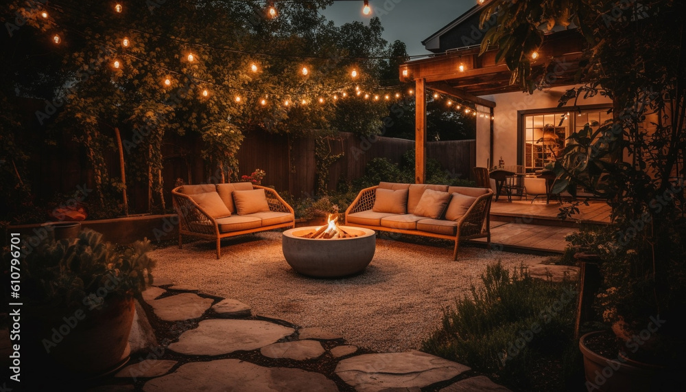 Comfortable chair illuminated by lantern in tranquil outdoor nature scene generated by AI