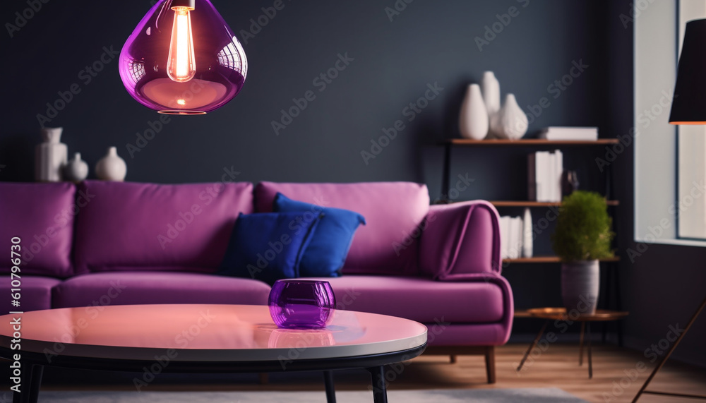 Luxury apartment illuminated with bright lighting equipment and fashionable decor generated by AI