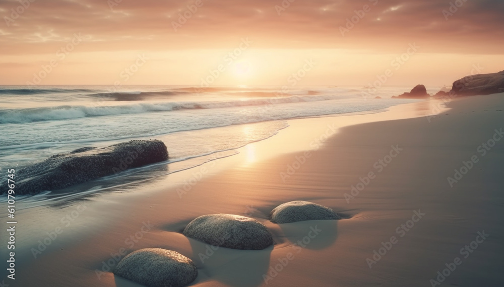 Idyllic tropical landscape, tranquil seascape, bright sunrise over water generated by AI