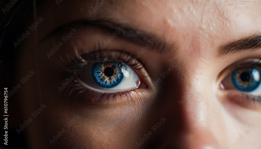 Caucasian woman staring at camera with blue eyes and eyelashes generated by AI