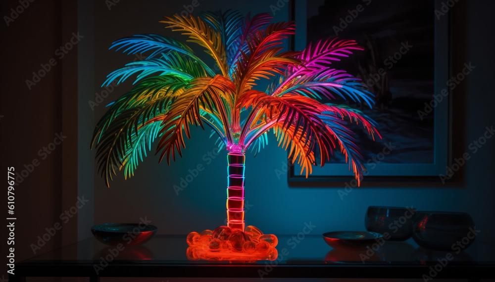 A vibrant tropical vase illuminated by glowing multi colored flames generated by AI