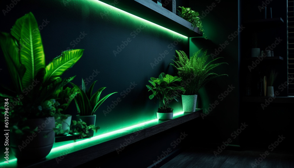 Modern apartment with bright lighting, green plants, and technology generated by AI