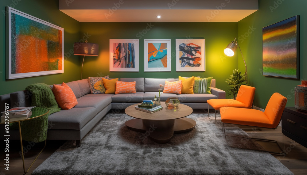 A modern, bright living room with green accents and illuminated coffee table generated by AI