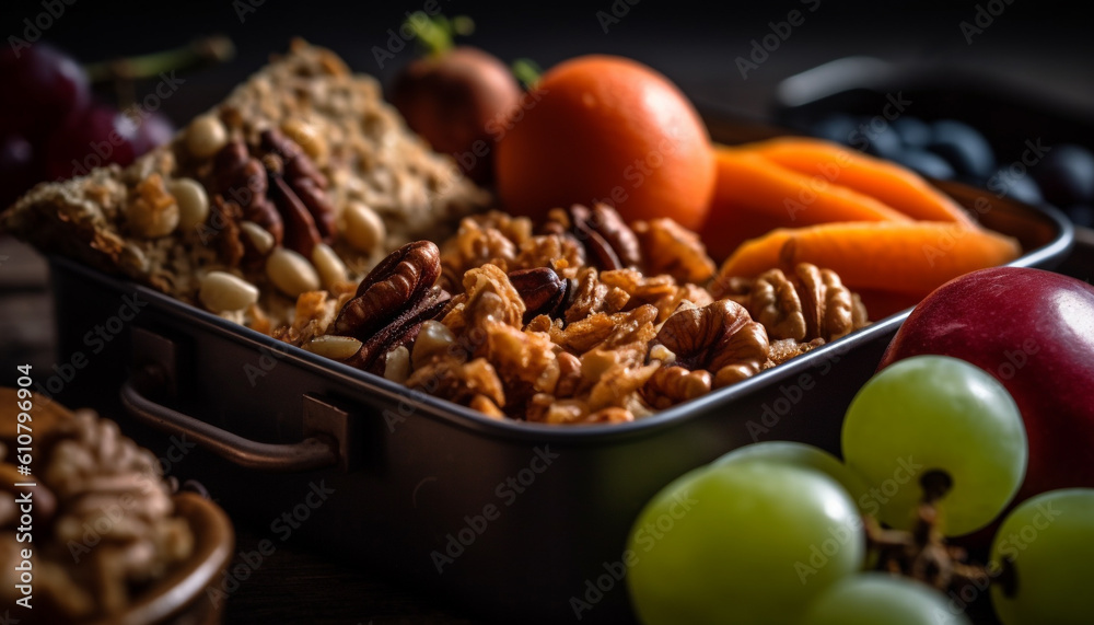 A rustic still life of healthy snacks granola, fruit, and nuts generated by AI